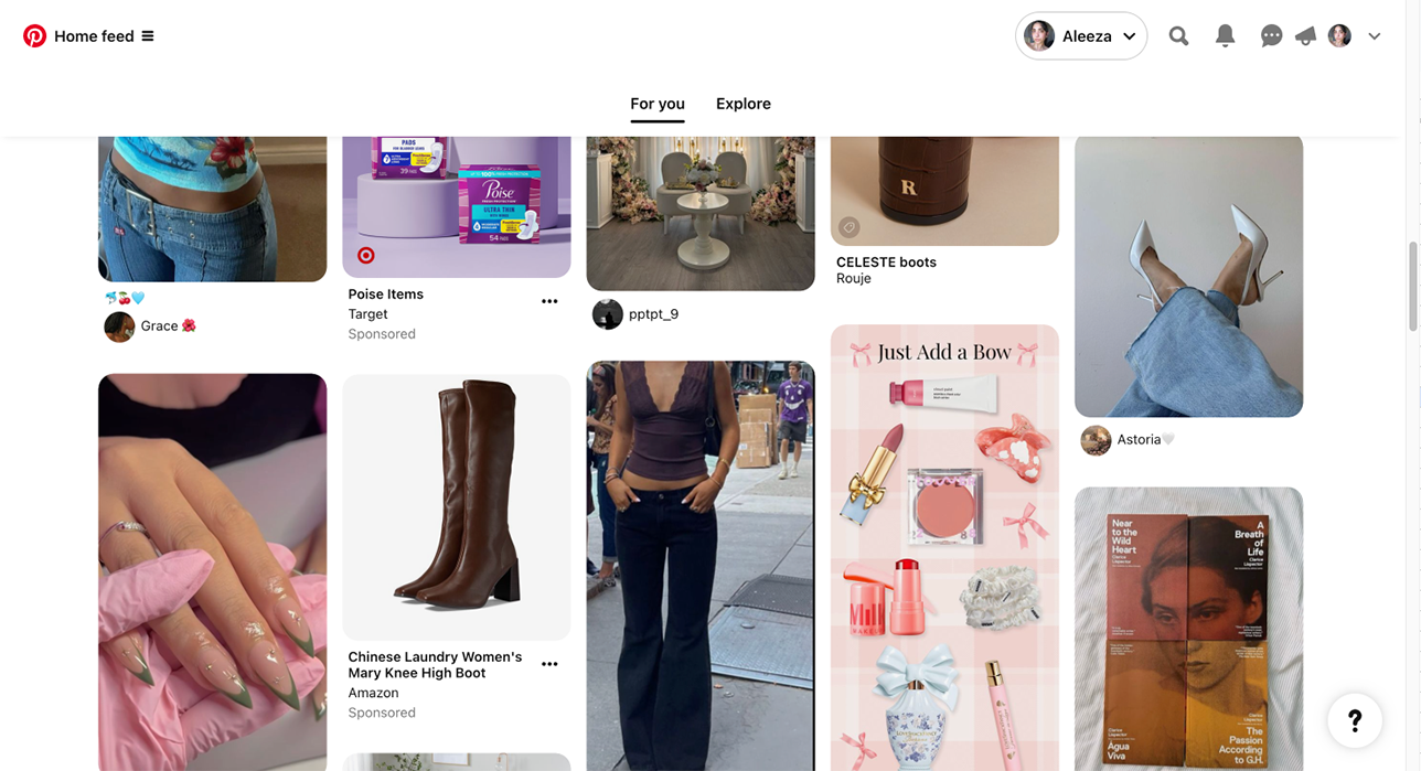 pinterest dashboard with pins of clothings, nails and books